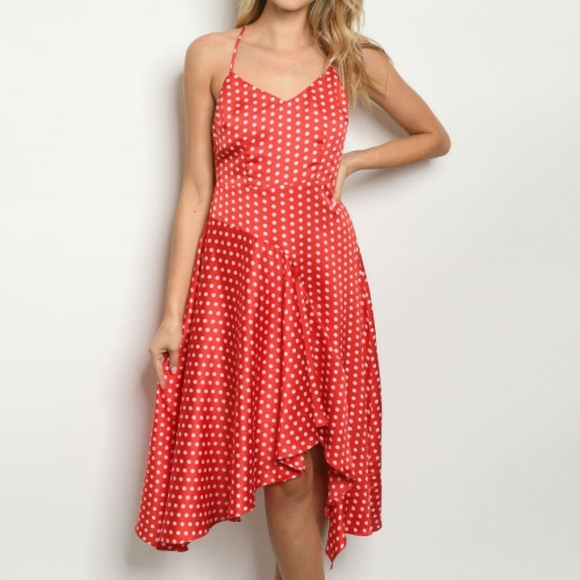 INA RED WHITE SKINNY STRAP POLKA DOT MIDI DRESS - Picture 3 of 4